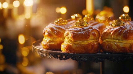 Assortment of baked goods with LED lights shining from behind