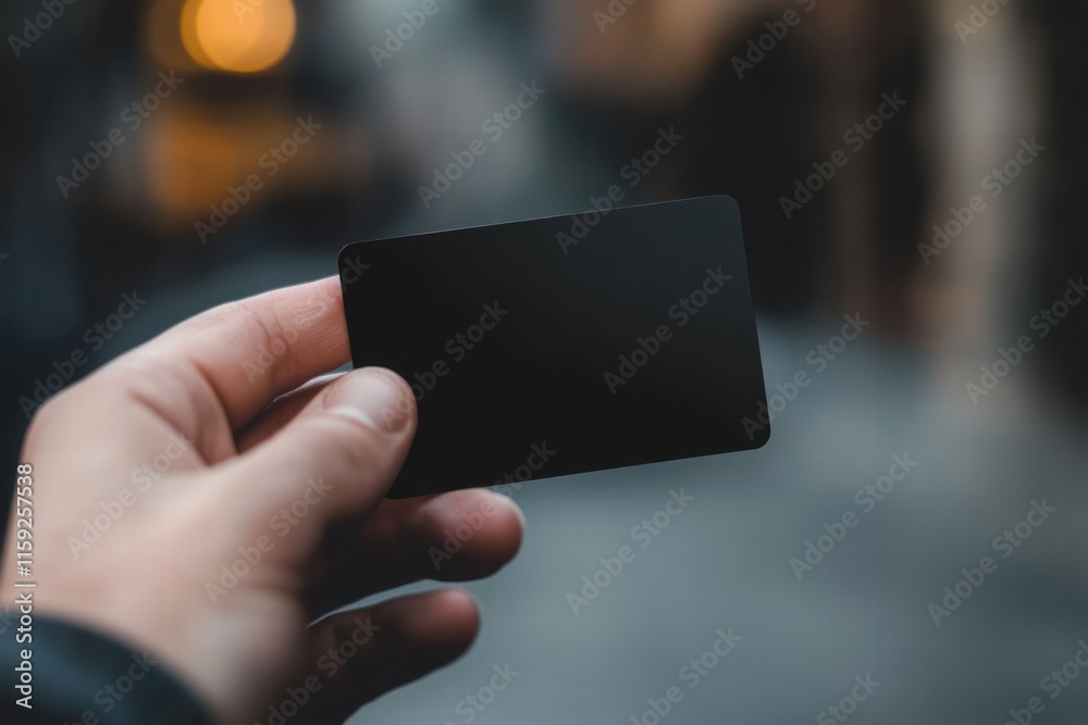 Aufkleber hand holding a sleek black gift card with copy space for mock up and text placement in an urban sett