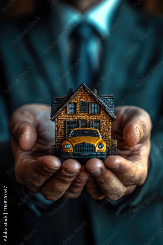 Poster a businessman holds a small scale model of a house, likely for presentation or display