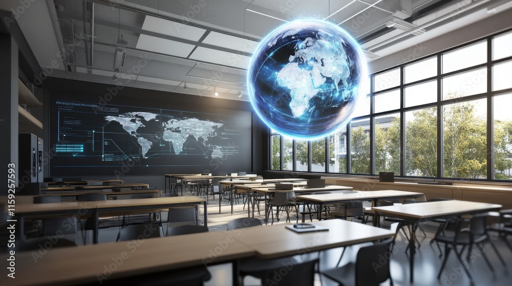 Poster modern classroom with digital world map and floating globe display