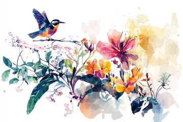Watercolor illustration of a bird surrounded by flowers