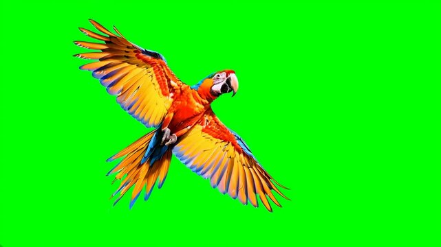 Vibrant Parrot in Flight Against Chroma Key Green Screen: Ideal for Video Editing and Compositing