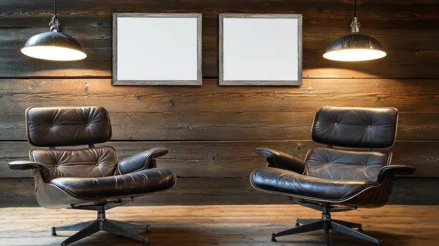 Stylish interior design featuring modern leather chairs and empty frames in a cozy wooden setting