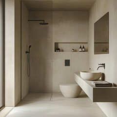 simple bathroom featuring walk in shower, floating sink, and minimalist design. neutral tones create calming atmosphere, perfect for relaxation