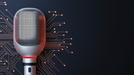 Fototapeta premium Futuristic Microphone with Digital Circuitry Background, Symbolizing Advanced Audio Recognition Technology and Innovations in Sound Capture and Processing
