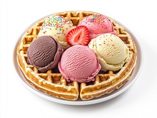 Deliciously Crafted Waffle Bowl with Multiple Scoops of Chocolate, Strawberry, and Other Ice Cream Delights Topped with Sprinkles and Fresh Strawberries