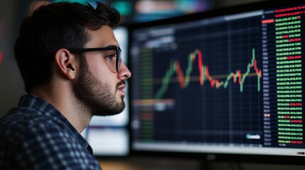 Professional individual engaged in real-time stock monitoring, focusing on market trends and analyzing digital data for financial decision-making