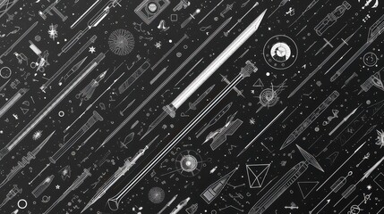 A collage of various weapons and symbols against a dark background.