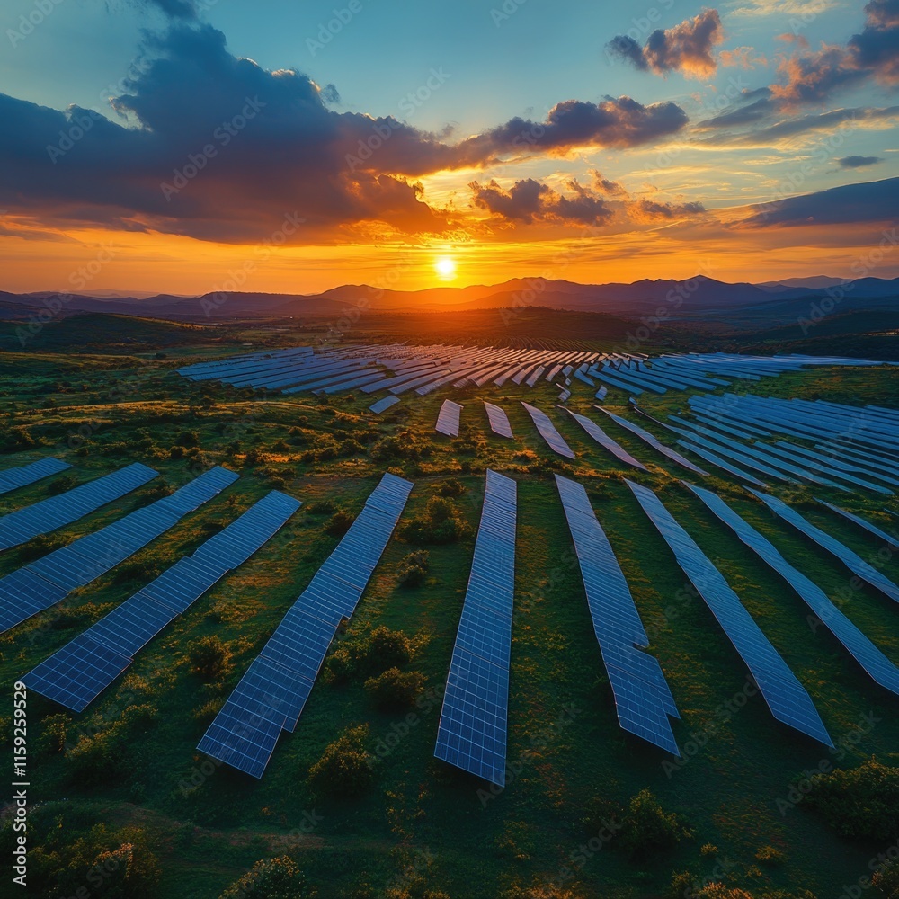 Poster a field of solar panels with the sun setting in the background