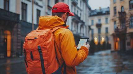 Obraz premium traveler in orange jacket and backpack navigating with a tablet on a rainy day in an old European city street, showcasing urban exploration, solo travel, and modern technology