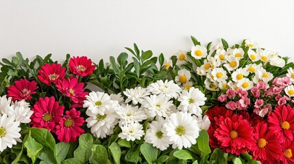 Fototapeta premium Colorful Arrangement of Fresh Blooming Flowers on White Background for Decoration