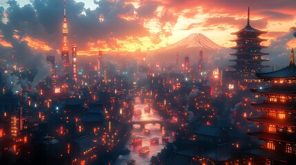 Futuristic Tokyo cityscape at sunset, featuring Mount Fuji and traditional architecture.