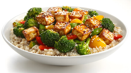 healthy bowl of stir-fried tofu and colorful vegetables served over brown rice, garnished with sesame seeds, showcasing nutritious plant-based cuisine and vibrant food presentation

