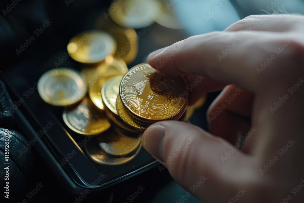 Poster a person holding a single coin in front of a pile of coins, great for financial or wealth related co