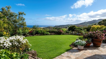 Beautiful Garden Landscape with Lush Green Grass and Colorful Flowers in Coastal Setting