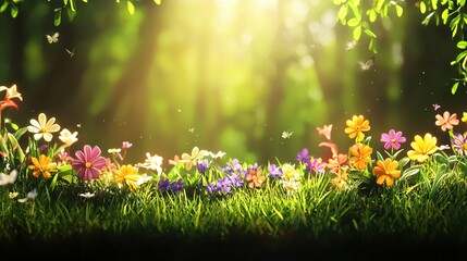 Fototapeta premium Vibrant Meadow with Colorful Flowers Under Soft Sunlight in a Serene Forest Setting