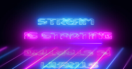 Stream starting soon motion graphic loop. Neon stream starting gamer livestream starting pause video bg. Neon glow grid bg moving 3d. Overlay template game advertising announcement concept.