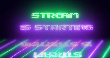 Fototapeta premium Stream starting soon motion graphic loop. Neon stream starting gamer livestream starting pause video bg. Neon glow grid bg moving 3d. Overlay template game advertising announcement concept.