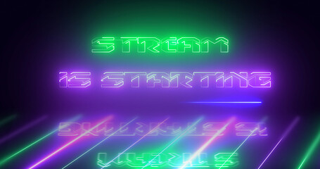 Naklejka premium Stream starting soon motion graphic loop. Neon stream starting gamer livestream starting pause video bg. Neon glow grid bg moving 3d. Overlay template game advertising announcement concept.
