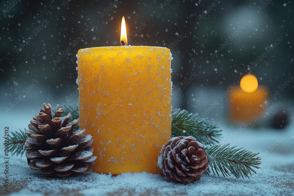 Poster a lit candle surrounded by pine cones and a pine branch in a snowy scene