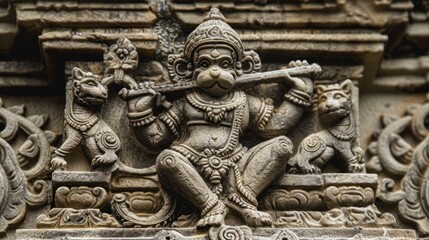 Carved monkey god playing flute between two lion guardians.