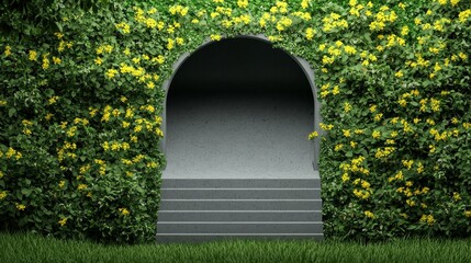 Serene and Inviting Entrance Framed by Lush Greenery and Vibrant Yellow Flowers for a Tranquil Outdoor Space