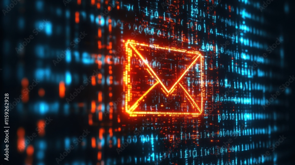Aufkleber digital mail icon in glowing matrix of binary code and data streams