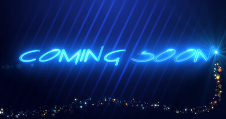 Obraz premium Coming Soon neon styled text animation background. Fairy dust intro lines moving geometric. Movie trailer text reveal cinema style gamer futuristic technology bg. Game live-streaming asset.