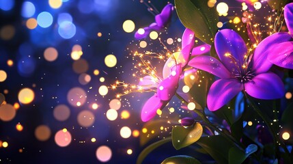 Vibrant Purple Flowers with Sparkling Lights on a Dreamy Background at Night