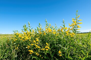 Bright Yellow Wildflowers Against Clear Blue Sky in Sunny Field Landscape