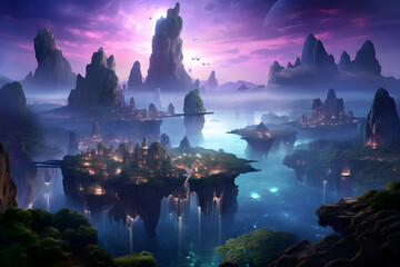 Extraordinary landscape: Mystic Floating Islands in a Vibrant Twilight Sky