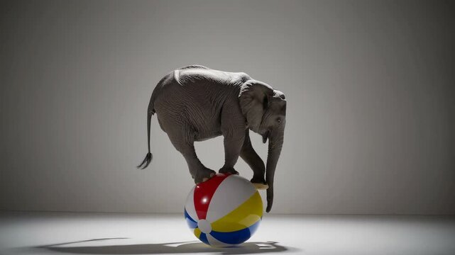 Elephant balancing on a colorful beach ball