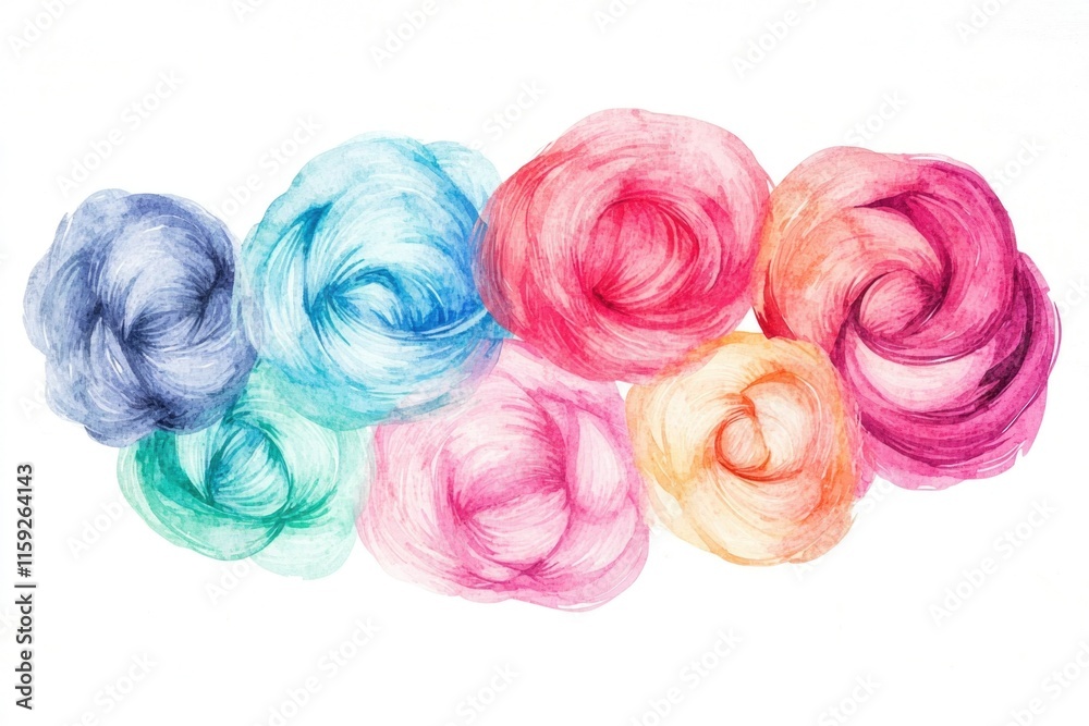 Poster a bundle of colorful yarns arranged neatly on a white surface