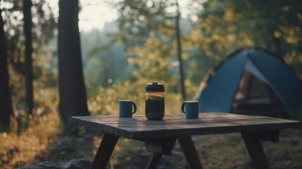 Cozy Camping Scene with Coffee and Tent in Serene Forest Setting