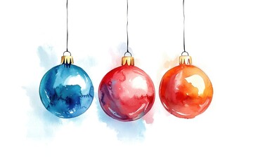 Three colorful hanging Christmas ornaments on a white background.