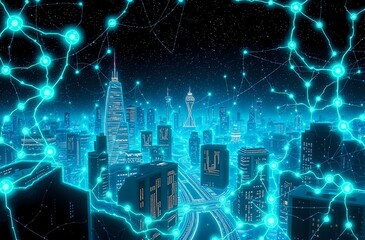 Aurorae Cityscape with Bioluminescent Skyscrapers under Starry Night