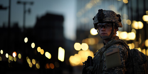 Obraz premium Soldier in Urban Nightscape