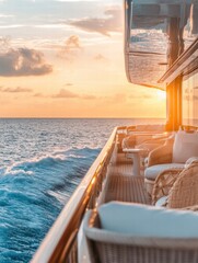 Fototapeta premium Luxury yacht deck features elegant furniture as sunset casts golden hues over serene ocean waves. Generative AI