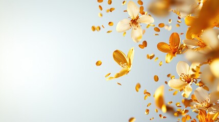 Golden Flower Petals Falling Gracefully Against a Soft Blue Background