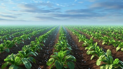 Fototapeta premium Lush Green Crop Field Under a Clear Blue Sky with Gentle Clouds and Bright Sunlight, Showcasing Healthy Plants with Dewdrops on Fresh Foliage