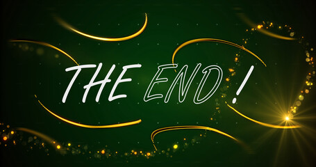 Modern style contemporary THE END typographic gold bg. Cinema overlay template, show intro outro motion graphic. Theatre screen creative title finish. Stream ending graphic. Mask reveal trailer.