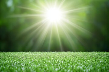 Fototapeta premium Bright Sunlight Shining on Fresh Green Grass Field with a Soft Focus Effect, Creating a Peaceful and Serene Natural Landscape Scene