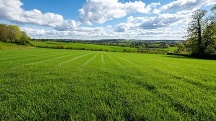 Lush Green Grass Field Under Scenic Blue Sky with Fluffy White Clouds