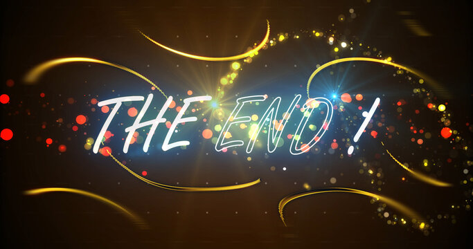 Modern style contemporary THE END typographic gold bg. Cinema overlay template, show intro outro motion graphic. Theatre screen creative title finish. Stream ending graphic. Mask reveal trailer.
