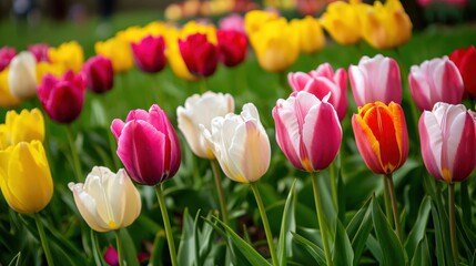 Naklejka premium Colorful Tulips in Bloom, Spring Garden Scene with Various Flower Colors