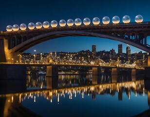 Fototapeta premium Illuminated spheres adorn a city bridge at night