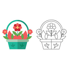 A basket of fresh flowers color and line art vector