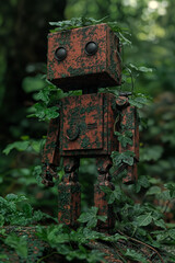 The image depicts a rusted and moss-covered robot figure, adorned with green leaves, standing in a lush, forested environment