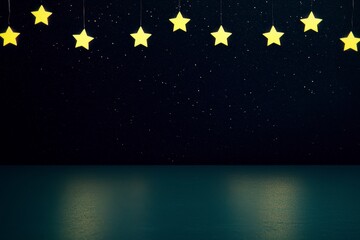 Fototapeta premium Star Decorations Hanging in a Dark Sky, Creating a Serene and Tranquil Atmosphere Over a Calm Body of Water with Reflective Surface Under a Twinkling Starry Night