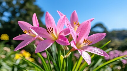 Naklejka premium Beautiful Pink Flowers Blooming Under Clear Blue Sky in Vibrant Garden Scene